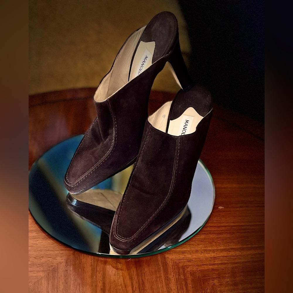 Manolo Blahnik suede mule booties, size 7 (European size 36 1/2)